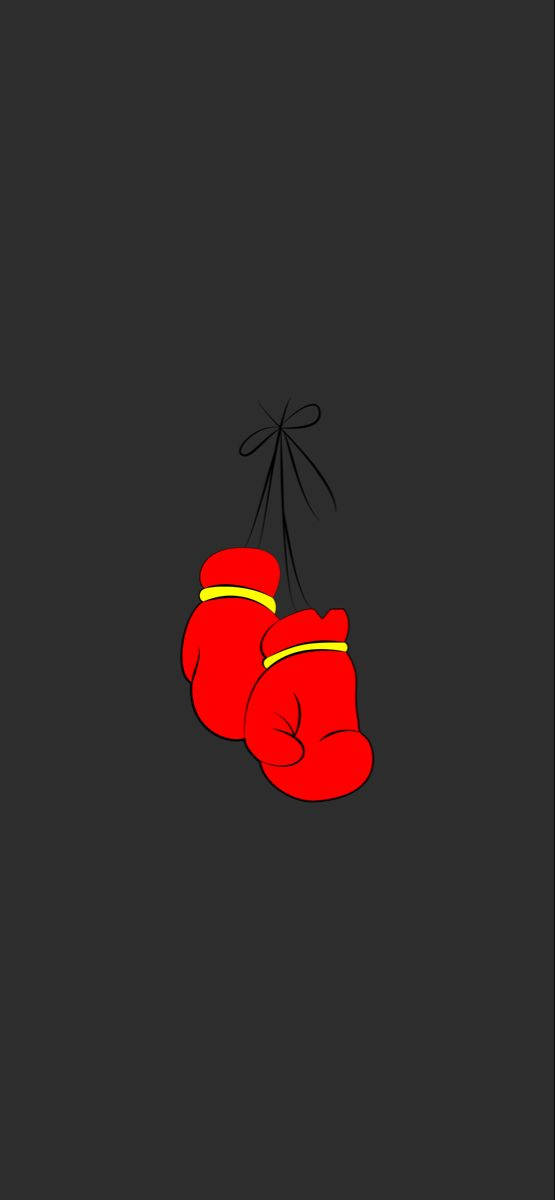 Cool Boxing 桌布 壁紙 — 一對帶有黃色條紋的紅色拳擊手套，用黑色絲帶掛在深灰色背景上。