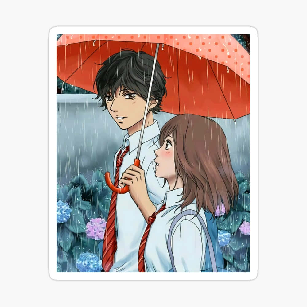 青春之旅 桌布 壁紙 — 一對年輕動漫情侶在雨中共享一把紅色圓點雨傘，背景有繡球花。