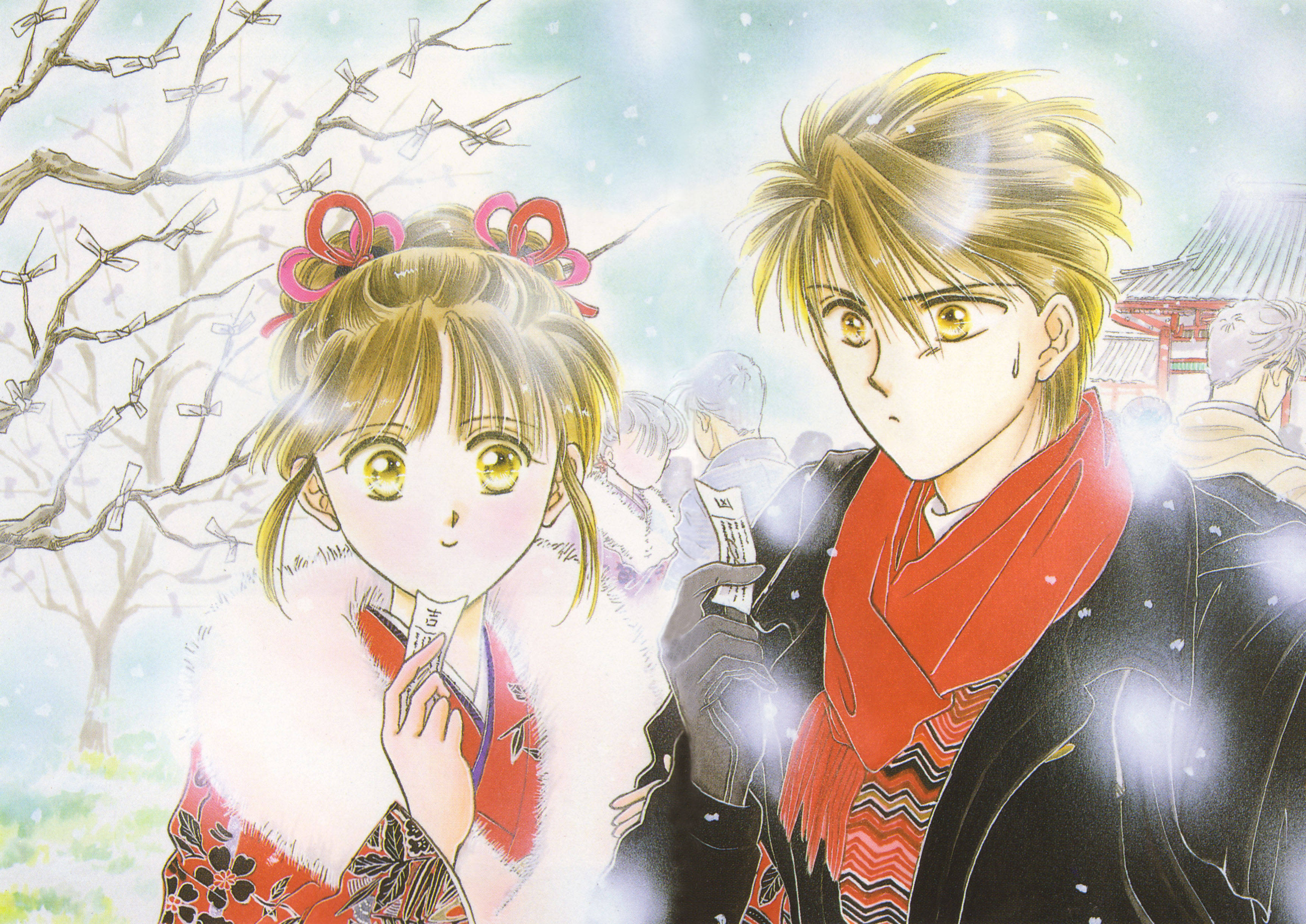 Fushigi Yuugi 桌布 壁紙 — 一對年輕動漫情侶在雪中的日本神社場景中緊密站立，周圍有光禿的樹木和紙飾物。