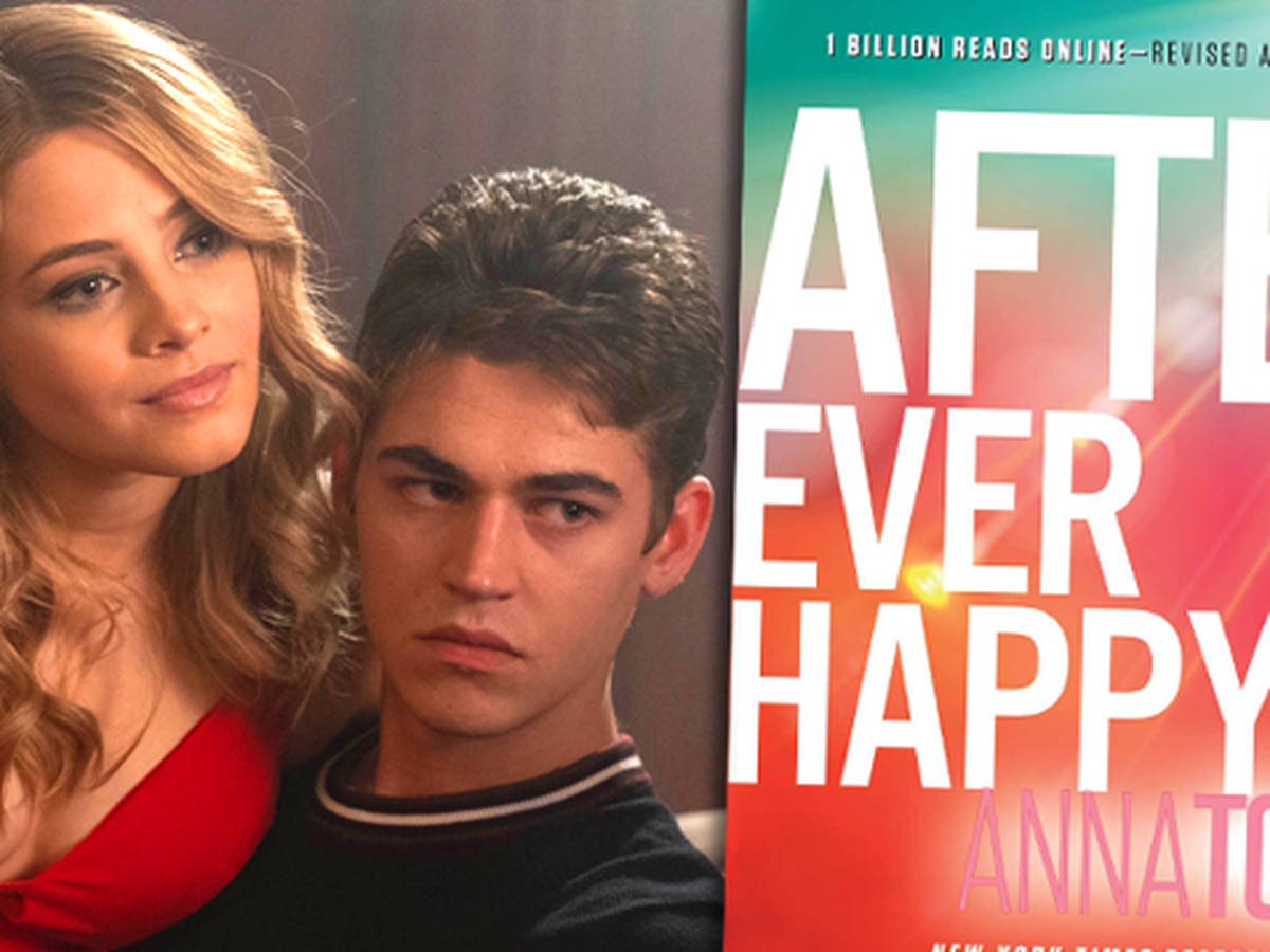 書本 桌布 壁紙 — 一對年輕情侶在Anna Todd的《After Ever Happy》鮮豔書封旁邊凝視。
