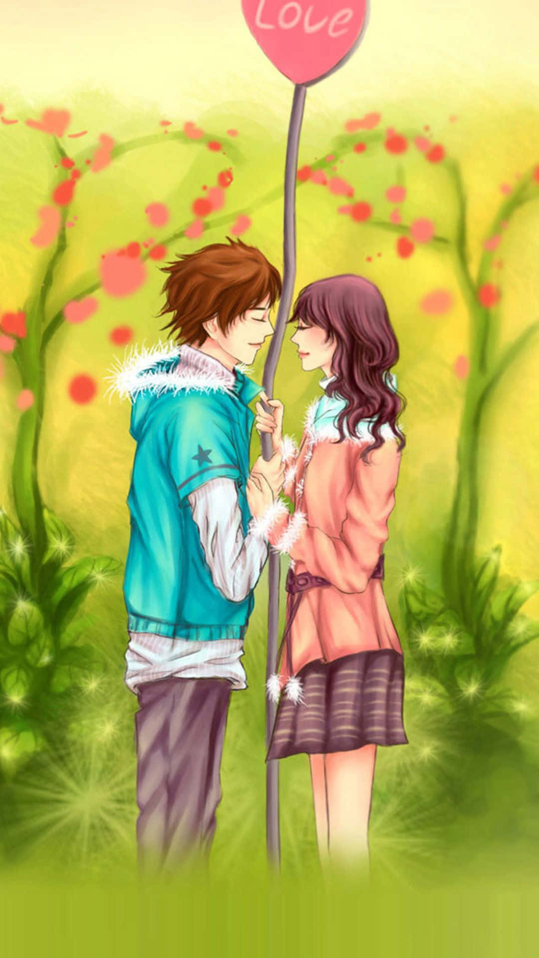 couple love 桌布 壁紙 — 一對年輕情侶在充滿活力的花田中，於發光的「Love」氣球下分享溫馨時刻。