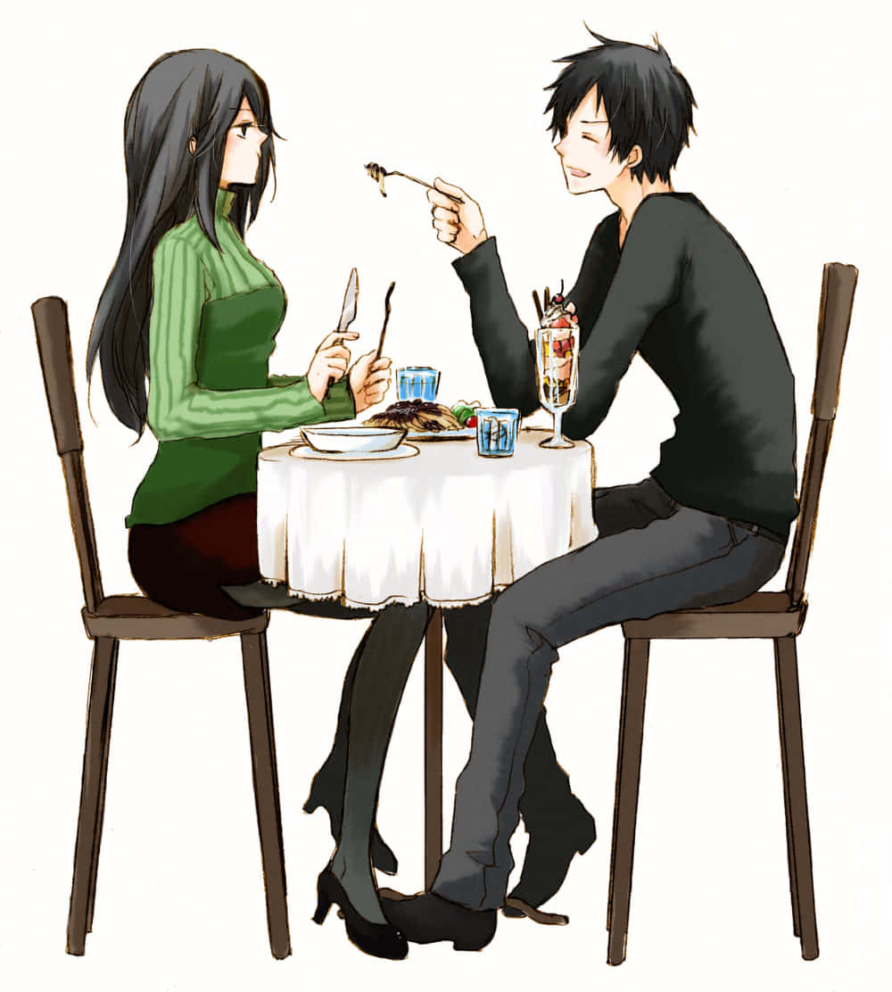 Namie Yagiri 桌布 壁紙 — 一對年輕情侶在小桌子上共享甜點和飲料，進行親密的晚餐，以舒適的動漫風格插圖呈現。