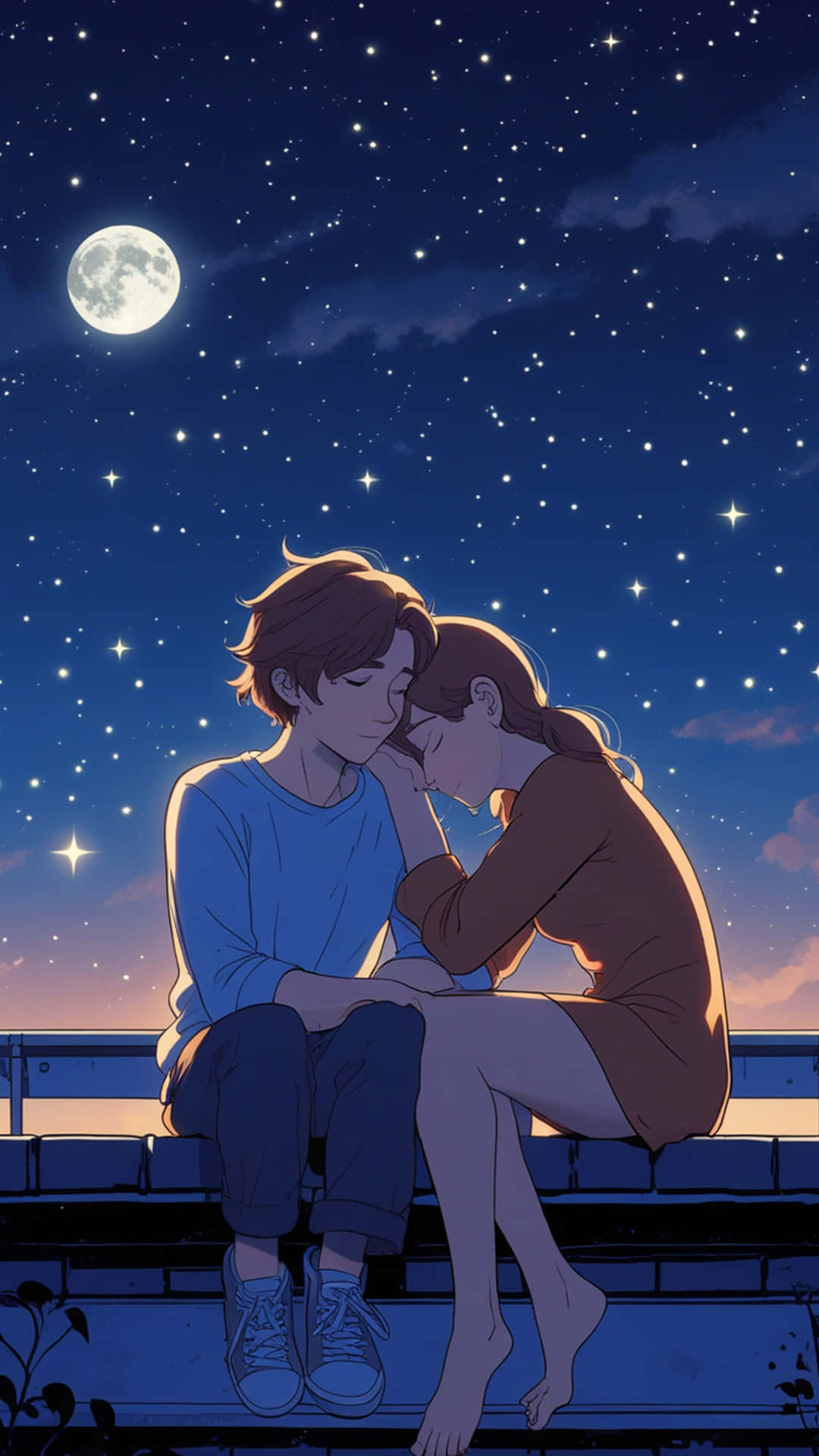 Why Everyone Loves Cony & Brown ❤️ 壁紙 — 一對年輕情侶在星空下緊靠而坐，一輪滿月在他們上方閃耀。