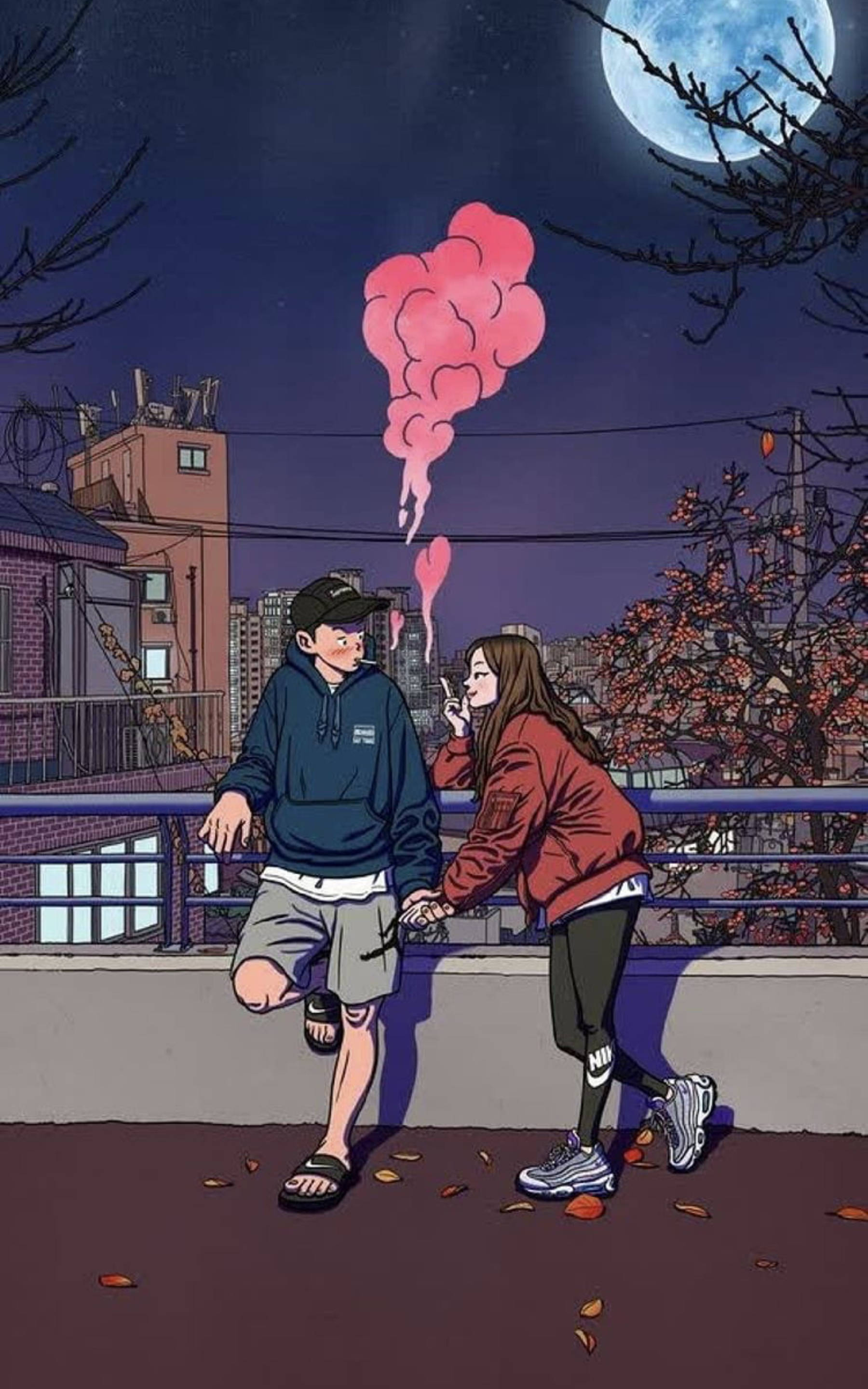 Couple 桌布 壁紙 — 一對年輕情侶在滿月下的夜晚手牽手走在屋頂上，香煙升起粉紅色的煙霧。