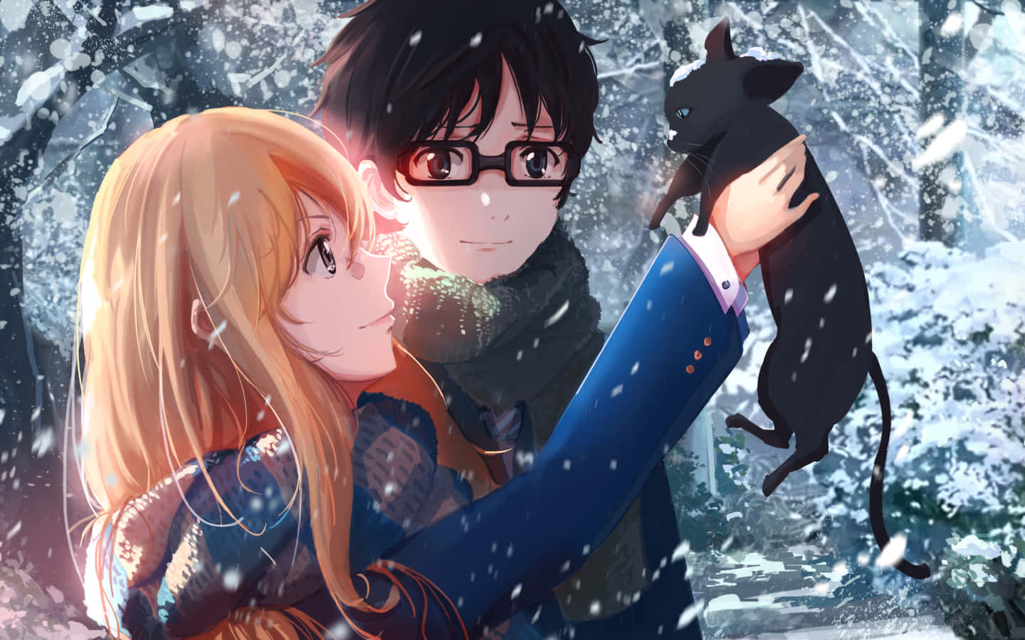 Your Lie In April 桌布 壁紙 — 一對年輕情侶在雪地森林中擁抱，一隻黑貓棲息在男子的手臂上，雪花在他們周圍飄落。