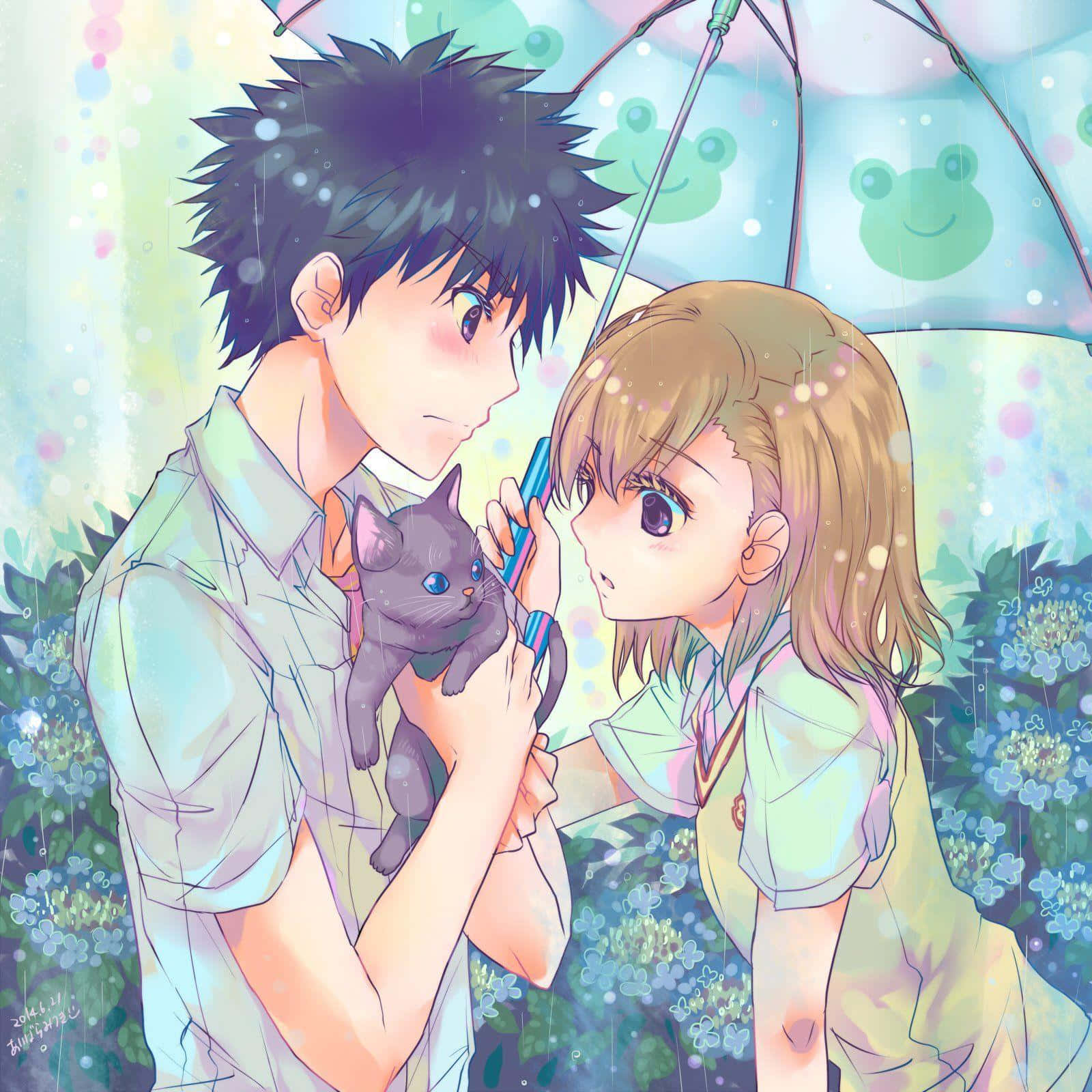 動漫情侶 桌布 壁紙 — 一對年輕情侶在青蛙主題雨傘下分享溫馨時刻，細雨輕輕飄落，還有一隻小貓。