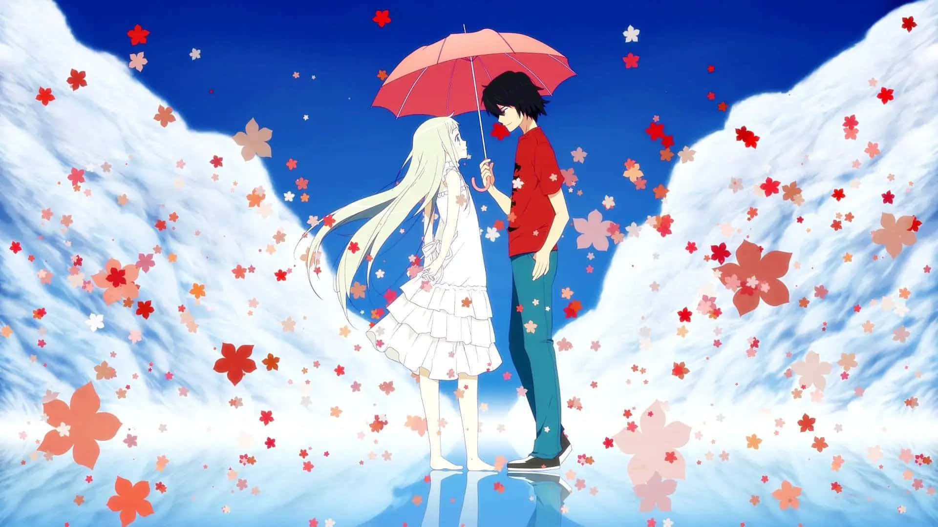 Anohana 桌布 壁紙 — 一對年輕情侶在飄落的櫻花中共享一把紅傘，背景是鮮豔的藍天和旋轉的白雲。