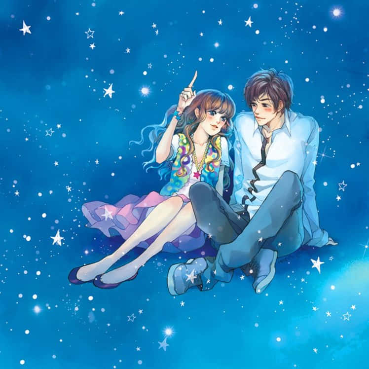 Anime Sky 桌布 壁紙 — 一對年輕情侶漂浮在繁星點點的藍色天空中，女孩驚奇地向上指，男孩凝視著她。