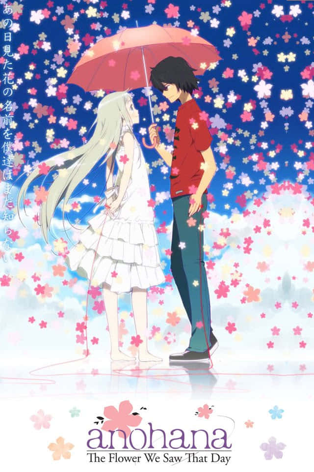 Anohana 桌布 壁紙 — 一對年輕情侶站在紅色雨傘下，櫻花如雨般飄落在夢幻的藍天上。