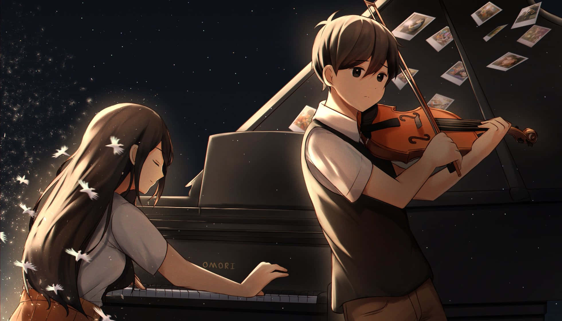 omori 桌布 壁紙 — 一對年輕的動漫情侶在星空下與小提琴手和鋼琴家分享音樂時刻，周圍有漂浮的照片。