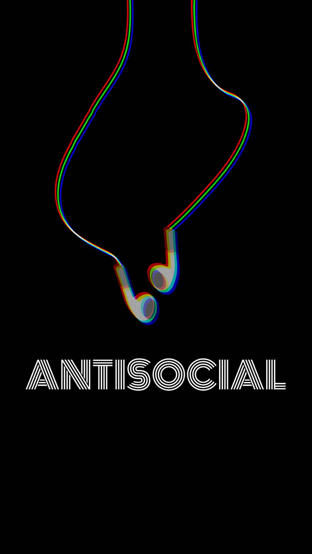 Social 桌布 壁紙 — 一對彩虹色耳機懸掛在黑色背景上，下方有白色風格化文字「ANTISOCIAL」。