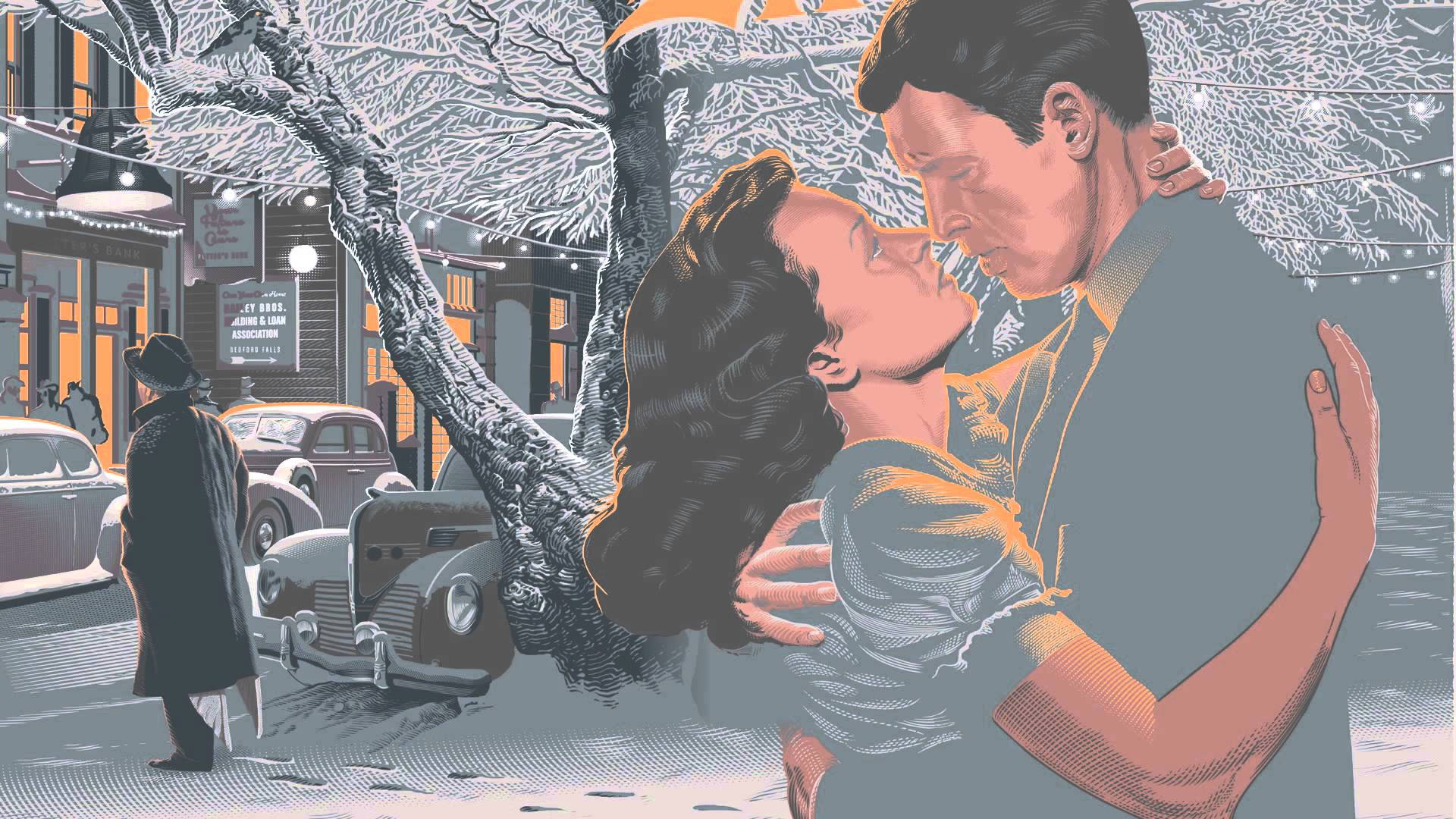 藝術 桌布 壁紙 — 一對復古風格的情侶在積雪的樹下親吻，背景是安靜的冬日街道，有經典汽車和一個孤獨的行人。