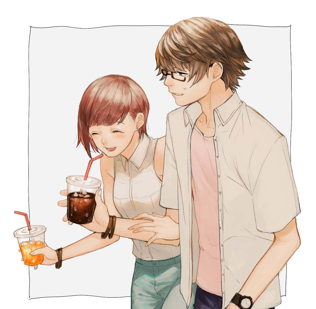Nishiki Nishio 桌布 壁紙 — 一對微笑的動漫情侶在柔和粉彩和溫柔陰影中，分享飲品，享受溫暖親密的時刻。