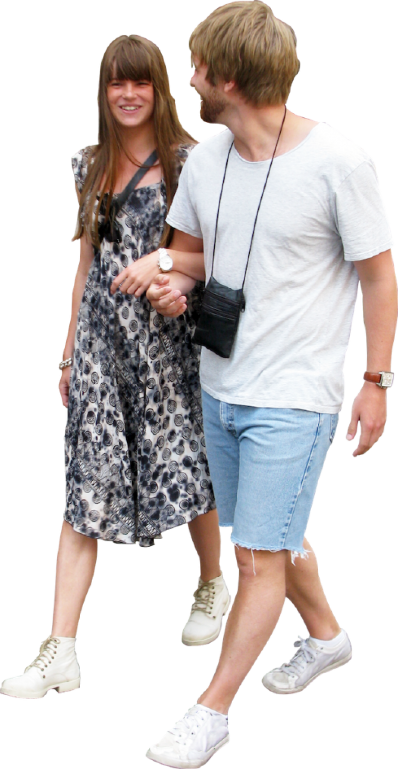 Couples 桌布 壁紙 — 一對微笑的年輕情侶手牽手，穿著休閒夏裝，背景透明。