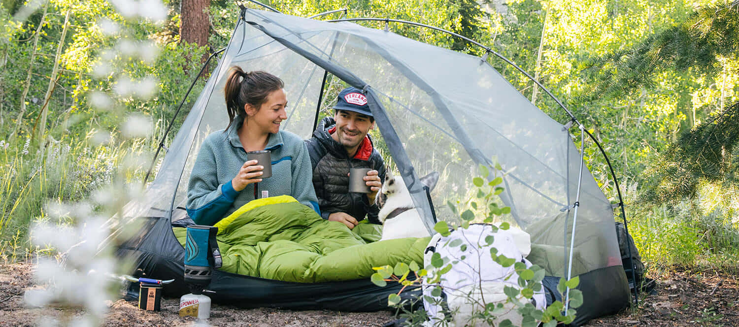 Fall Camping 桌布 壁紙 — 一對微笑的情侶在陽光普照的森林中，於透明帳篷內與他們的狗一起享受咖啡。