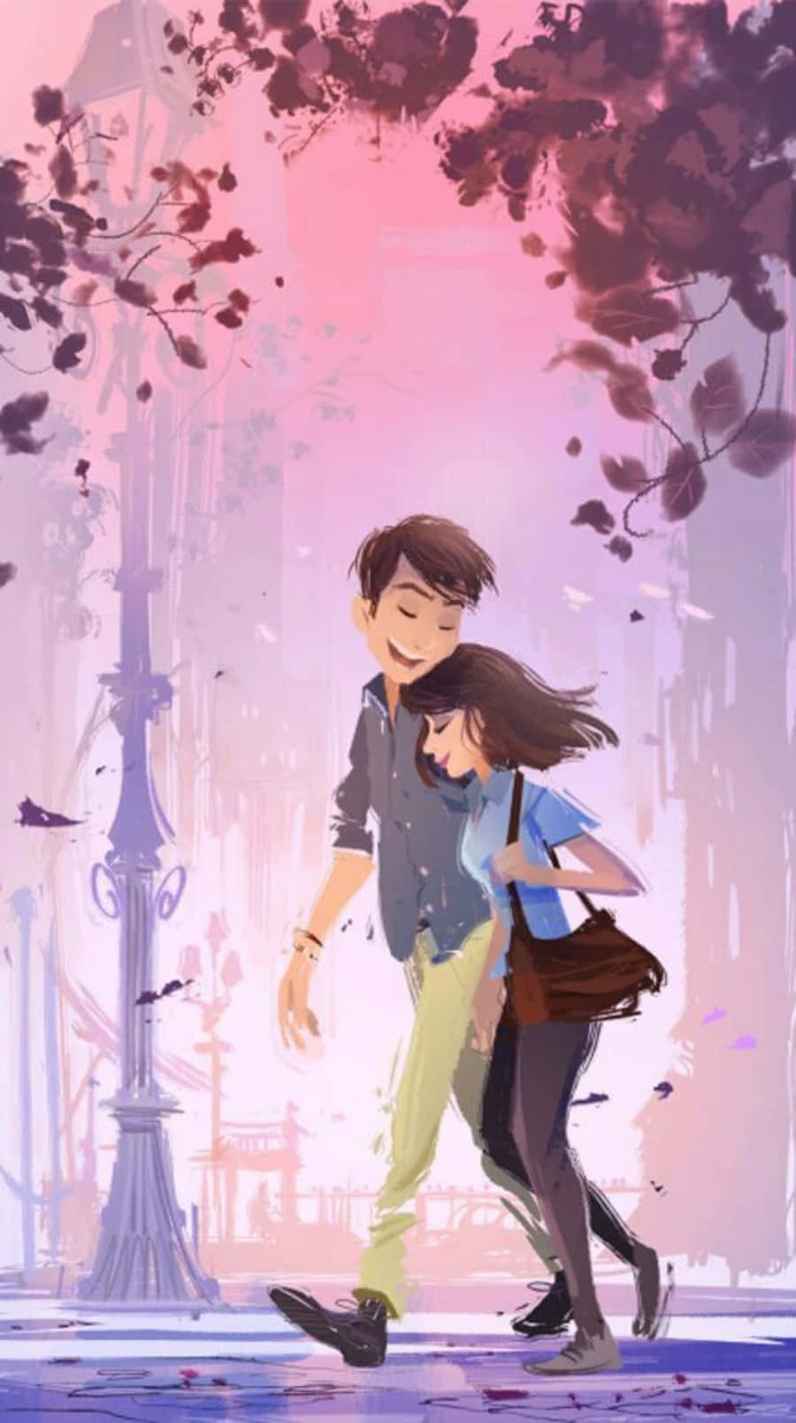 Couple Cartoon 桌布 壁紙 — 一對微笑的情侶手牽手走在落櫻繽紛的街道上，背景是柔和粉紅與紫色的插畫城市景觀。