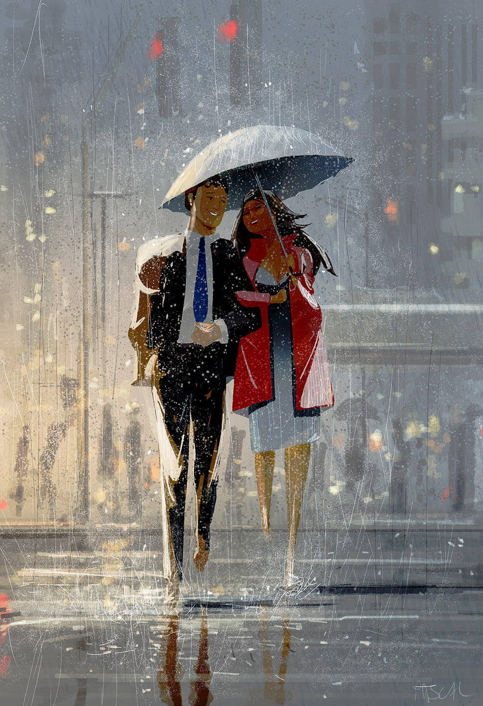 情侶 桌布 壁紙 — 一對微笑的情侶撐著白色雨傘，在雨勢很大的城市街道上行走，背景有模糊的燈光和倒影。