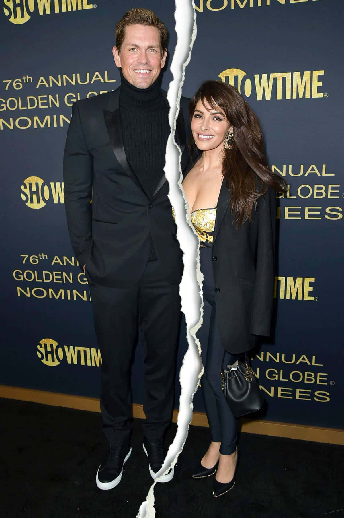 sarah shahi 桌布 壁紙 — 一對微笑的男女並肩站在金球獎提名活動中，中間有撕裂紙張效果。