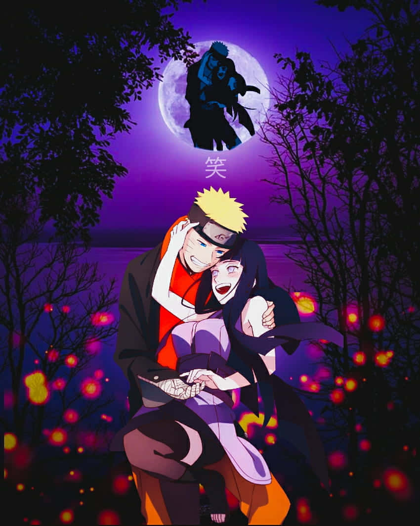 動漫角色在滿月下一起大笑，周圍有發光的紅色花朵。 — 日向 GIF 壁紙
