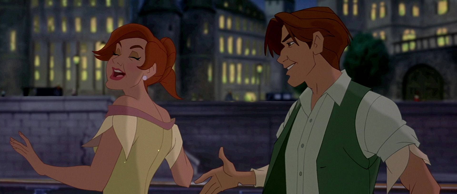 Anastasia 桌布 壁紙 — 一對快樂的動畫情侶在夜晚的城市中跳舞，身後建築物散發出溫暖的光芒。