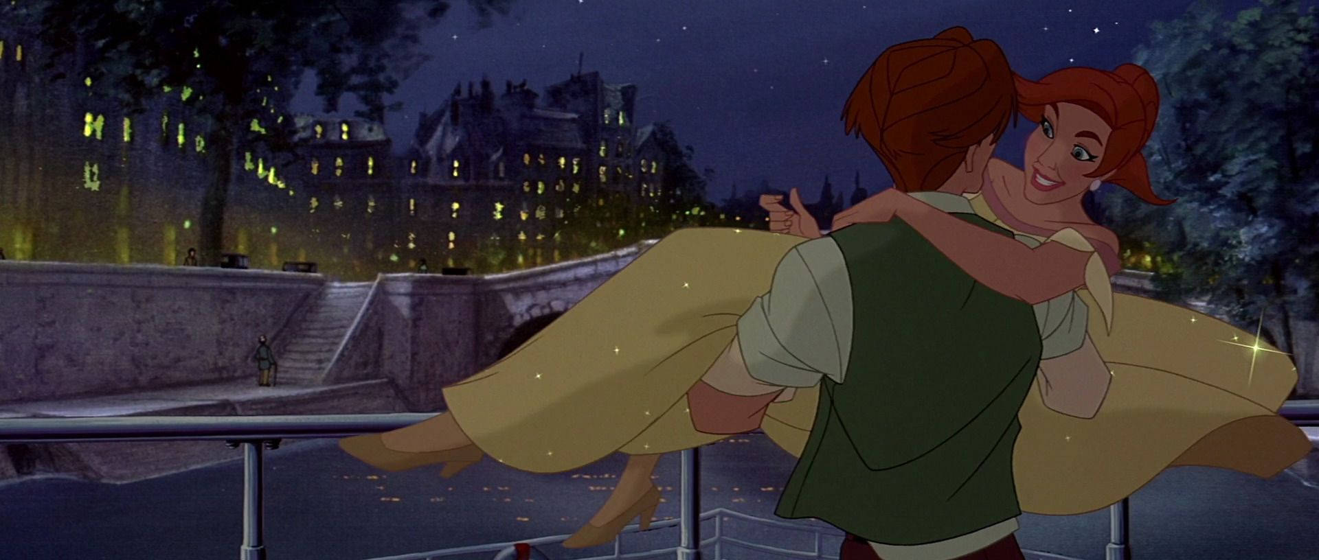 Anastasia 桌布 壁紙 — 一對快樂的動畫情侶在星空下的橋上擁抱，背後是閃爍的城市燈光。