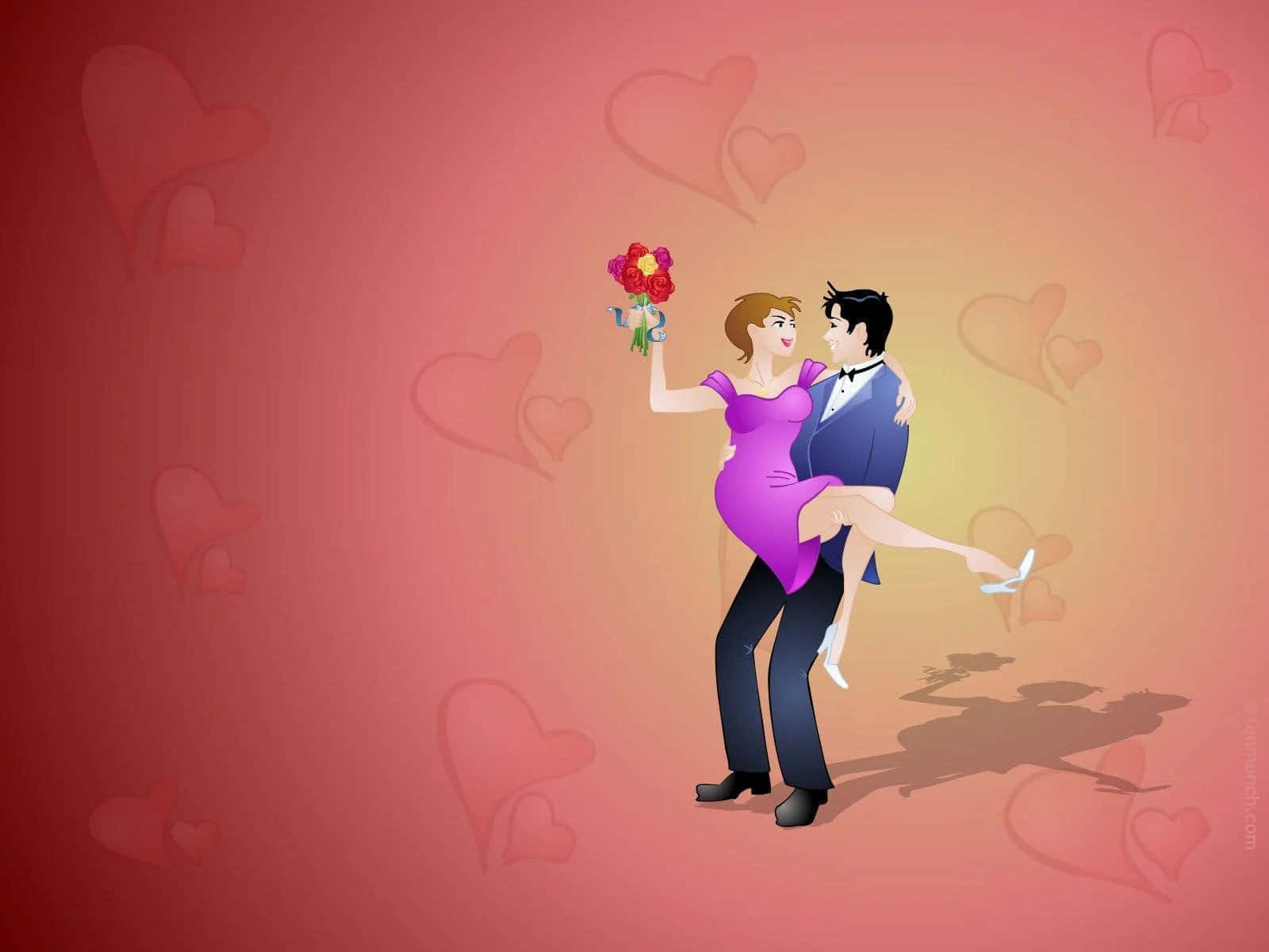 Falling In Love 桌布 壁紙 — 一對快樂的卡通情侶在溫暖的漸變背景上跳舞，心形圖案在他們周圍漂浮。