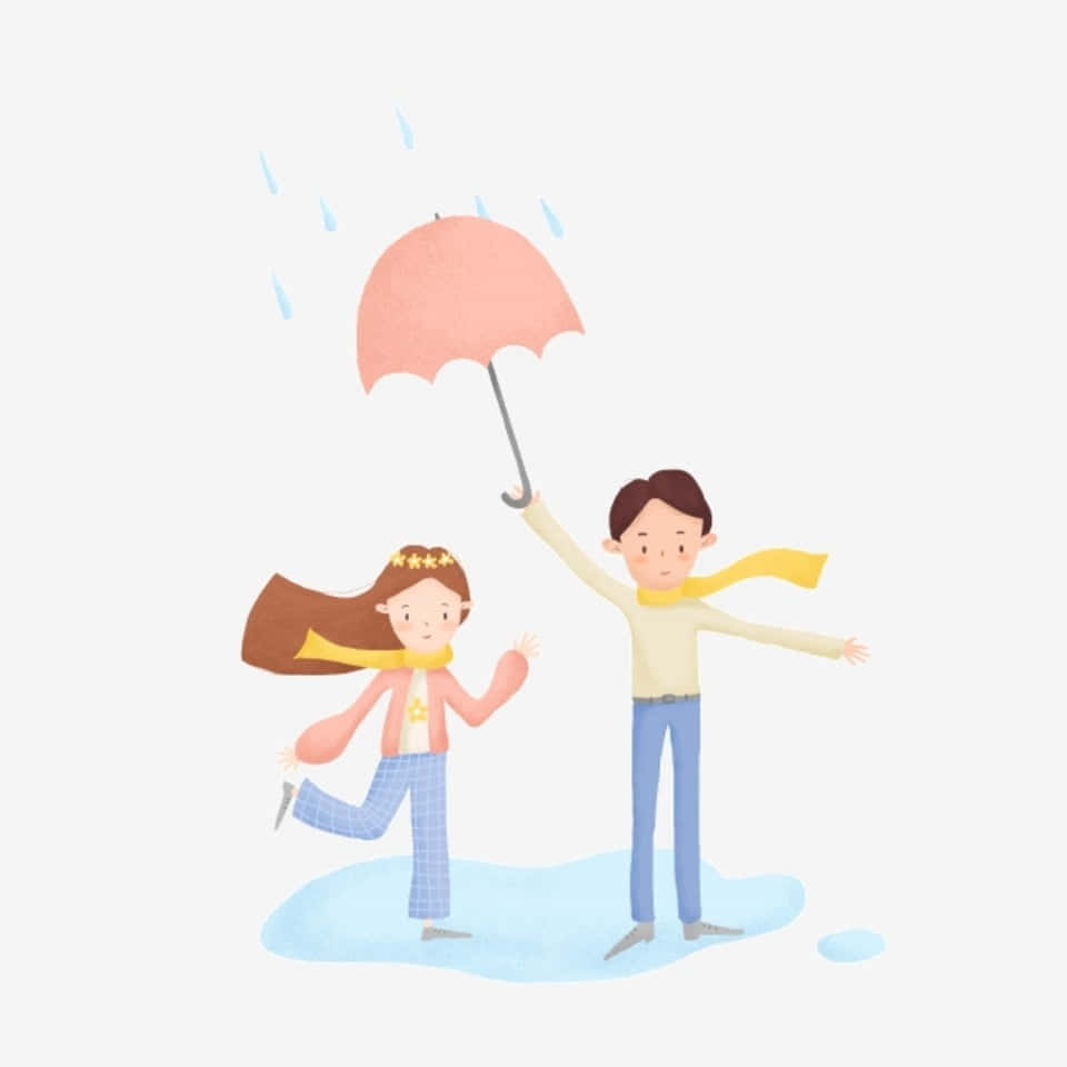Umbrella 桌布 壁紙 — 一對快樂的卡通情侶在雨水坑中跳舞，男子為他們撐著粉紅色雨傘。