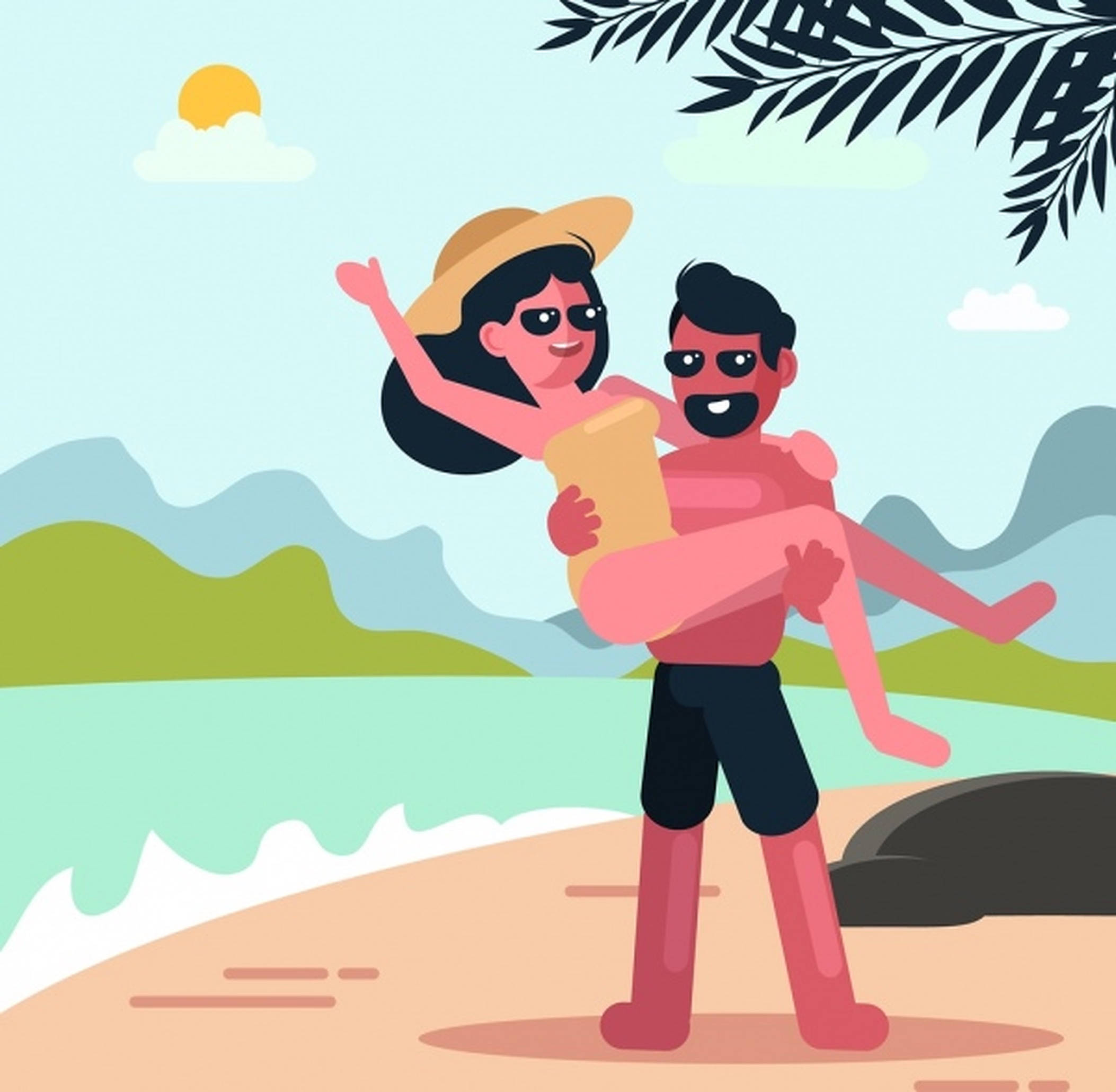 Beach Vacation 桌布 壁紙 — 一對快樂的情侶在陽光明媚的海灘上擁抱，頭頂有棕櫚葉，溫柔的海浪拍打著海岸。