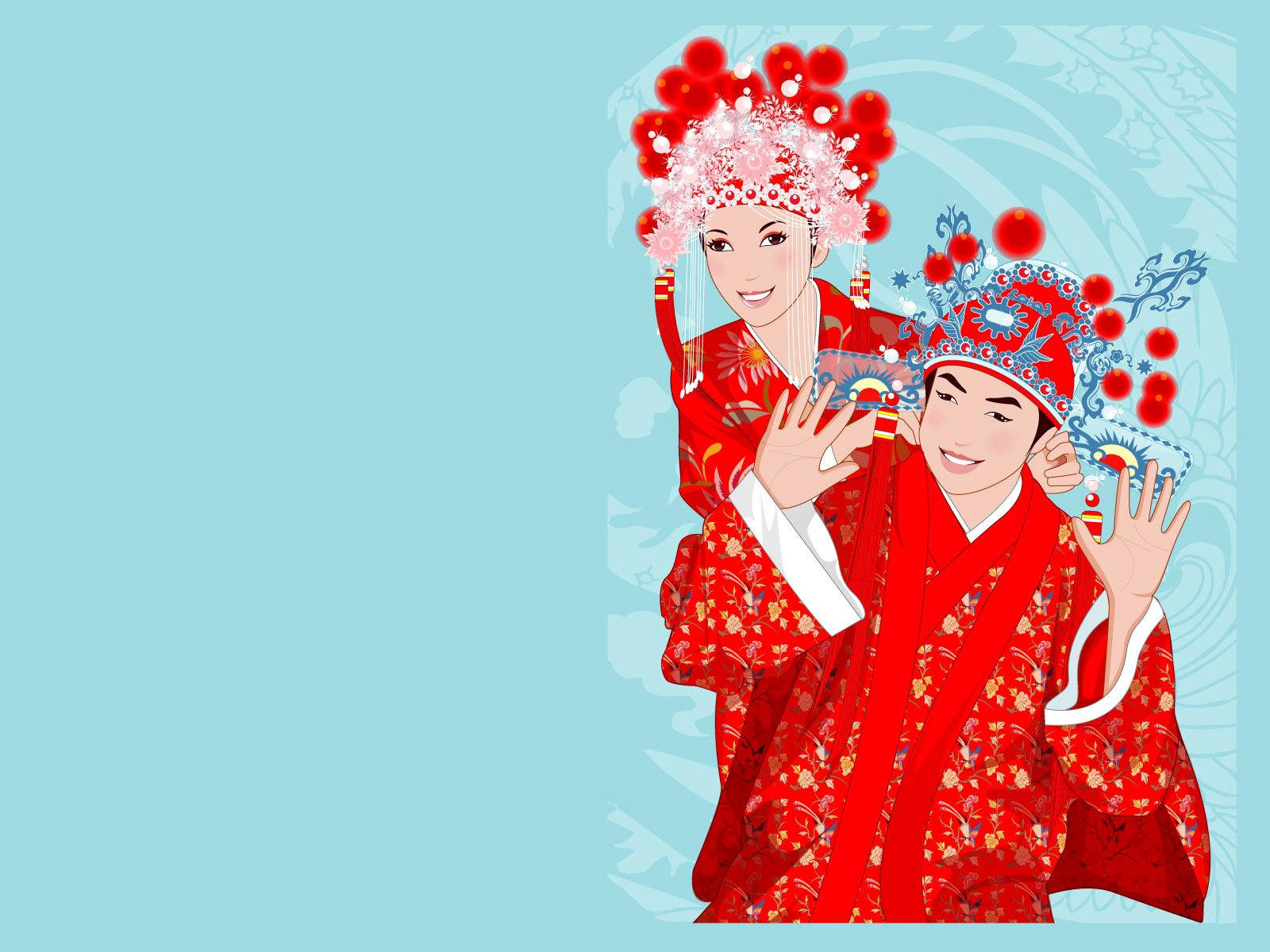 images 桌布 壁紙 — 一對快樂的新人穿著華麗的紅色傳統婚禮服飾，戴著花卉頭飾，在淺藍色圖案背景前溫暖地微笑。