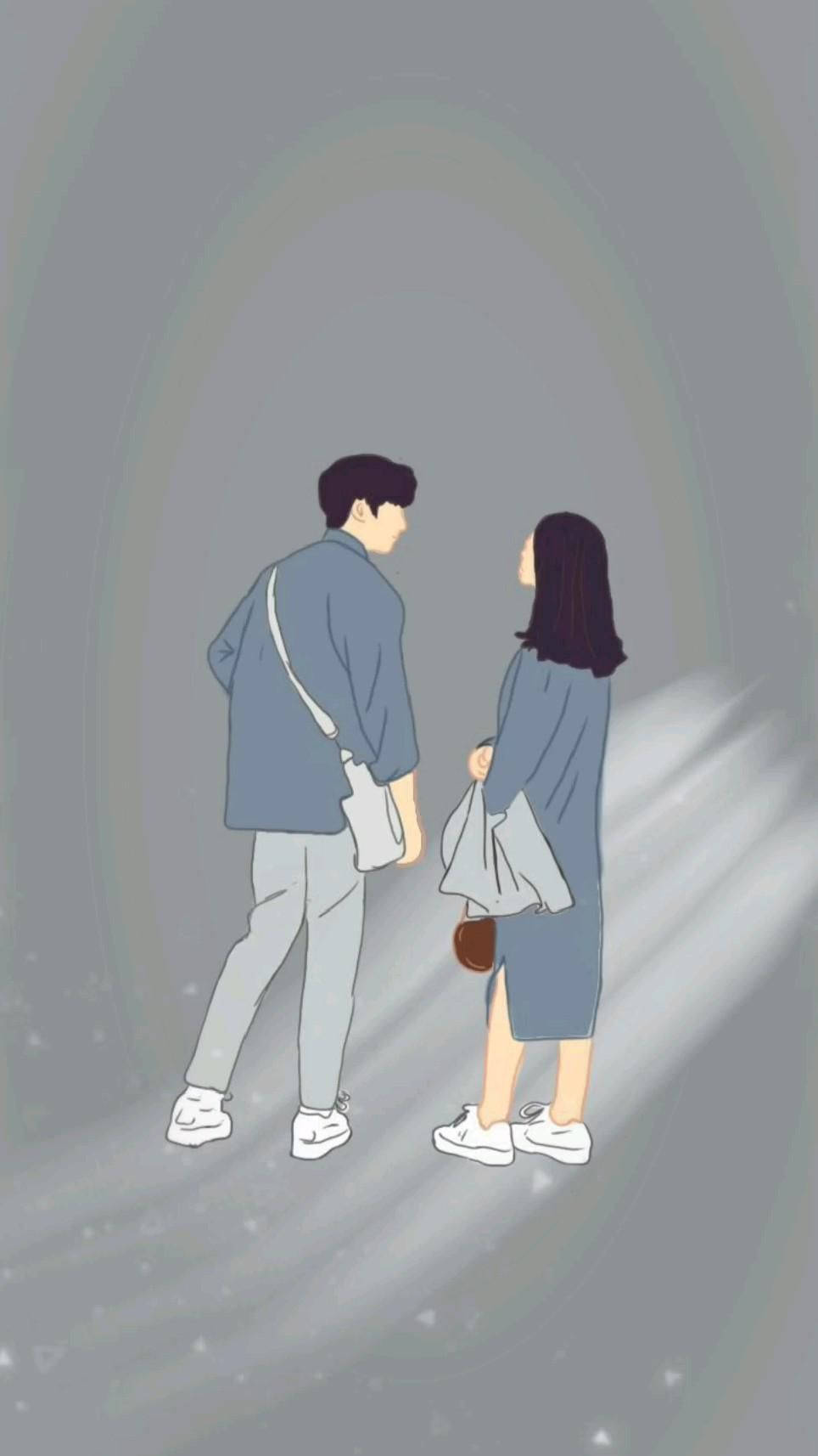 Love Cute Couple 桌布 壁紙 — 一對情侶並肩走過一條柔和發光的隧道，隧道內有溫柔的光線和漂浮的粒子。