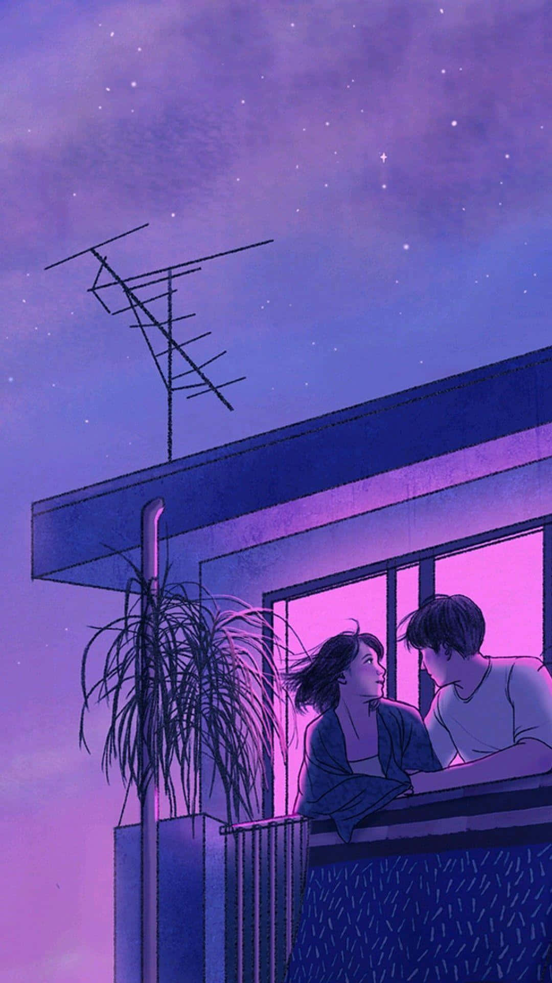 Anime Girl Aesthetic 桌布 壁紙 — 一對情侶倚在陽台上，頭上是繁星點點的紫色天空，身後溫暖的室內燈光閃爍。