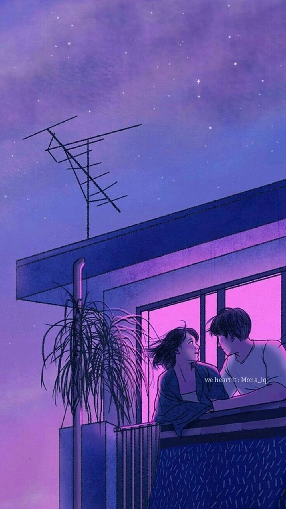 relationship love 桌布 壁紙 — 一對情侶倚在陽台上，頭上是繁星點點的紫色天空，溫暖的室內燈光在他們身後閃爍。