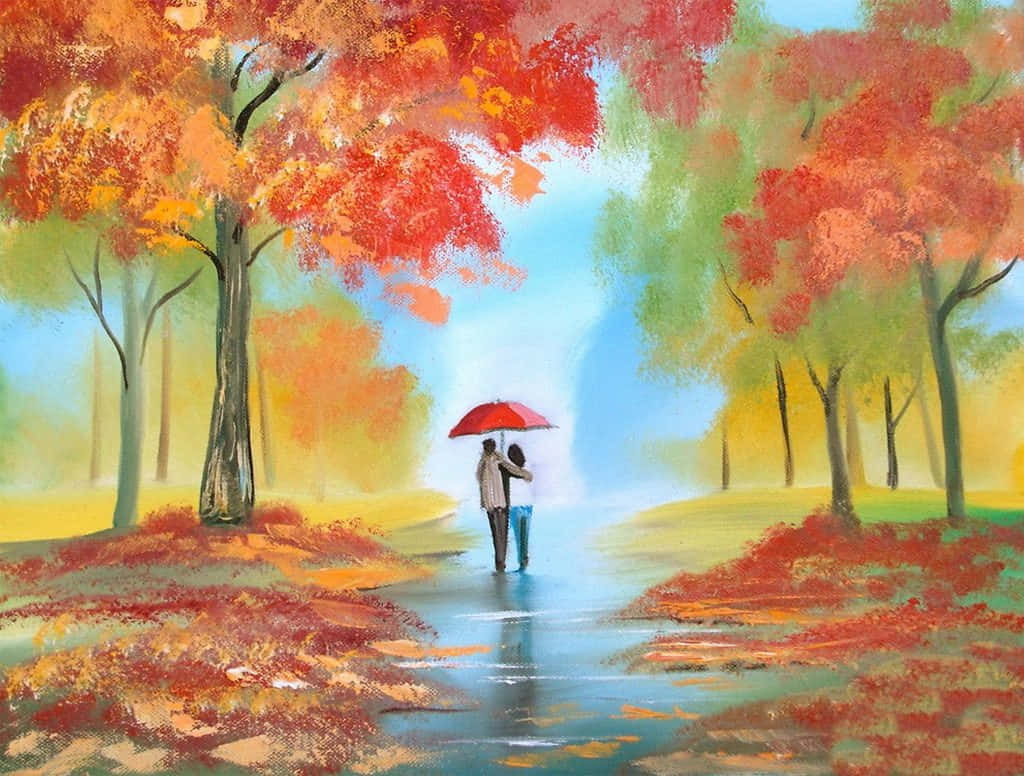 Painting 桌布 壁紙 — 一對情侶共用一把紅色雨傘，在柔和的藍天下走過淹水的秋日森林。