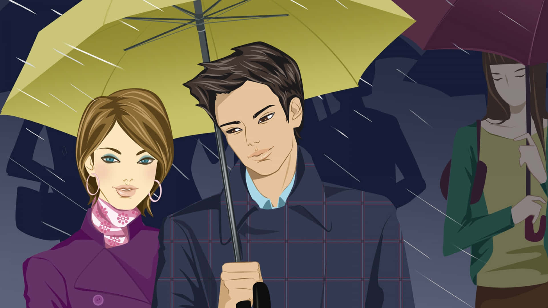 Couple In Rain 桌布 壁紙 — 一對情侶共用一把黃色雨傘，雨點在他們周圍落下，以風格化插圖呈現。