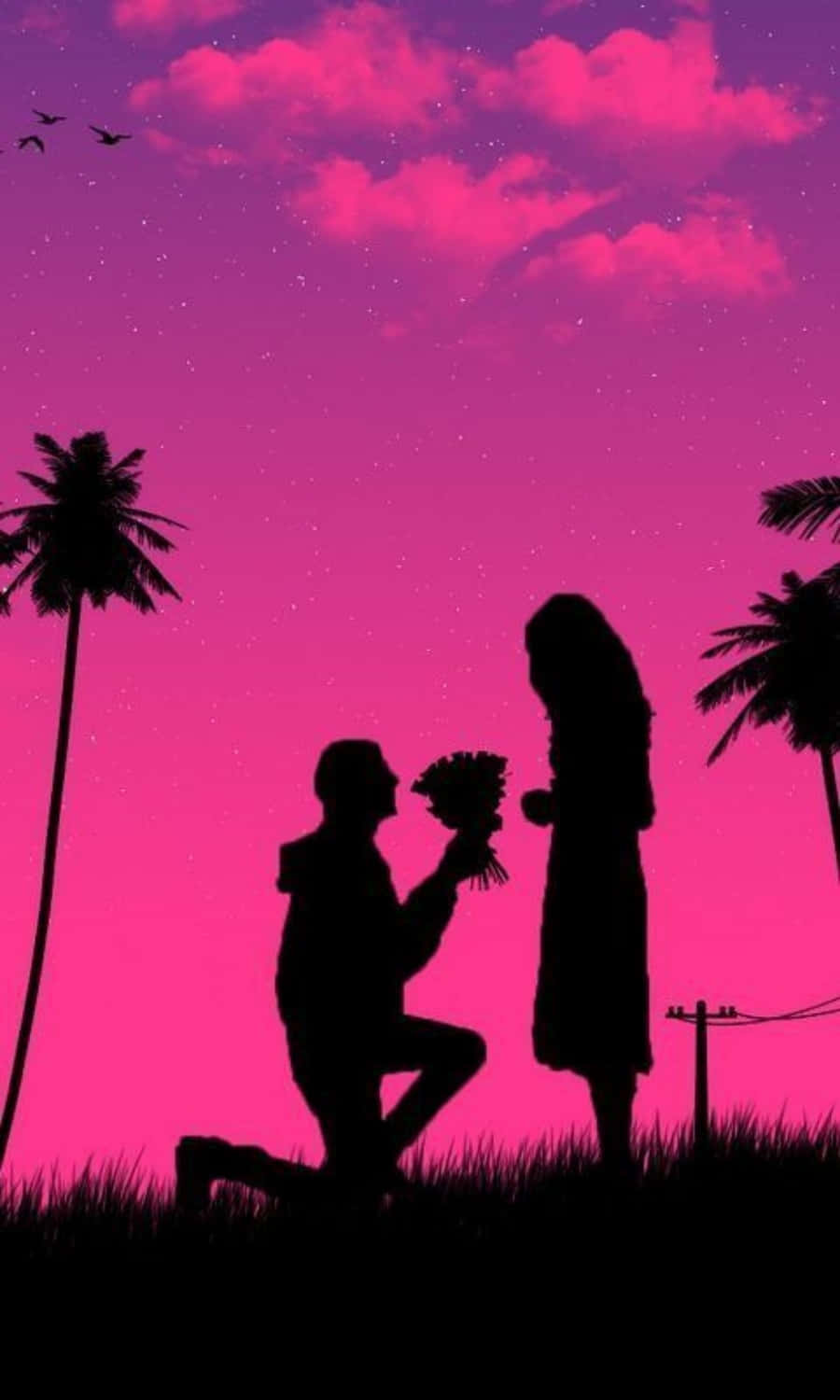 lover 桌布 壁紙 — 一對情侶剪影在充滿活力的粉紅色星空下，棕櫚樹旁，一名男子跪地獻花求婚。