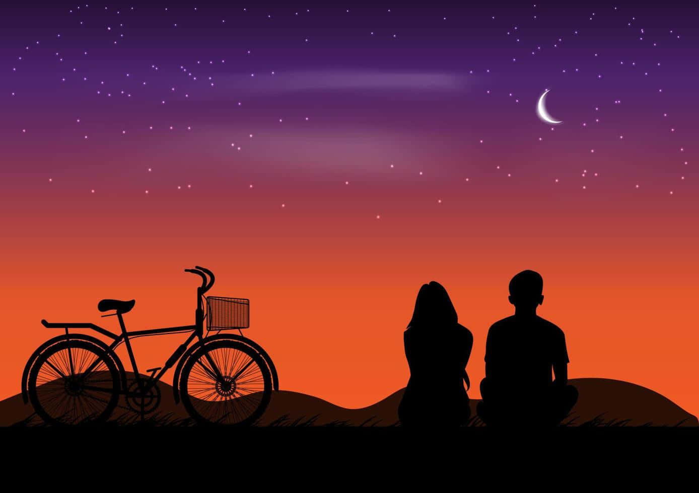 Lovers 桌布 壁紙 — 一對情侶和一輛腳踏車的剪影，在繁星點點的暮色天空下，新月彎彎，歇息在山丘上。
