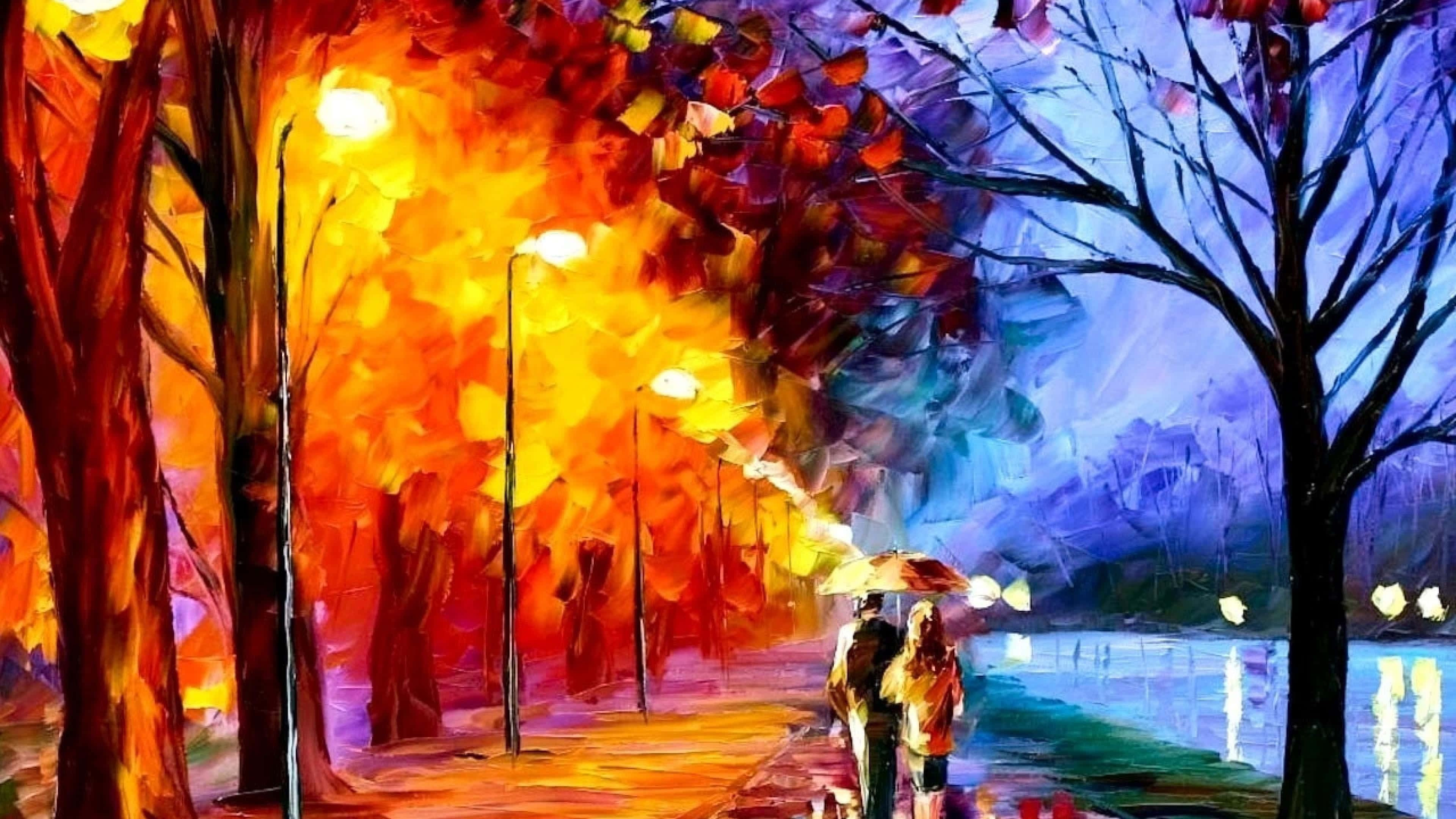 Painting 桌布 壁紙 — 一對情侶在傘下沿著充滿活力的秋日小徑行走，小徑被溫暖的路燈照亮，燈光倒映在水面上。