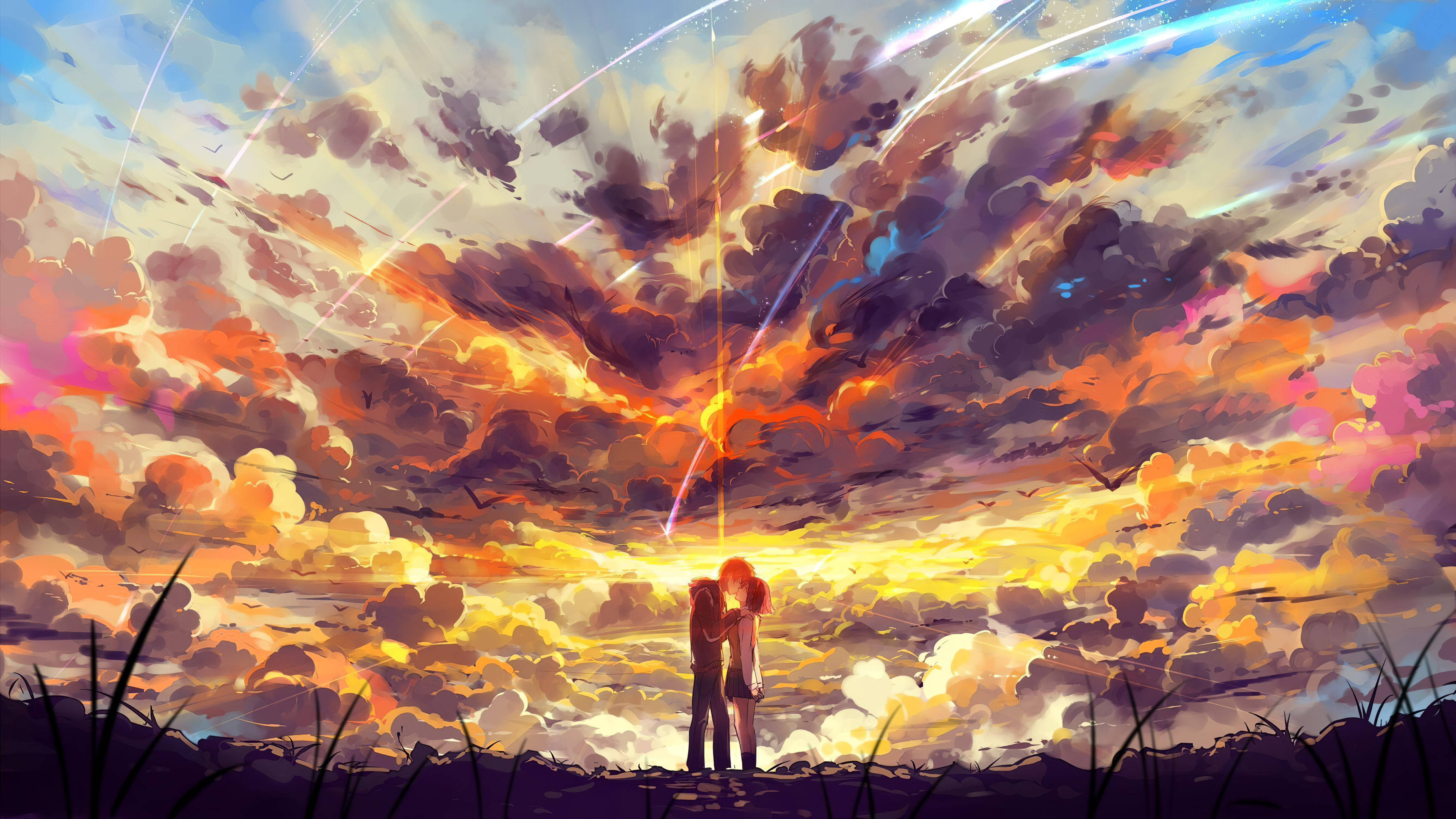 Aesthetic Anime Couple 桌布 壁紙 — 一對情侶在充滿宇宙光芒和漩渦雲彩的 vibrant 日落天空下擁抱。