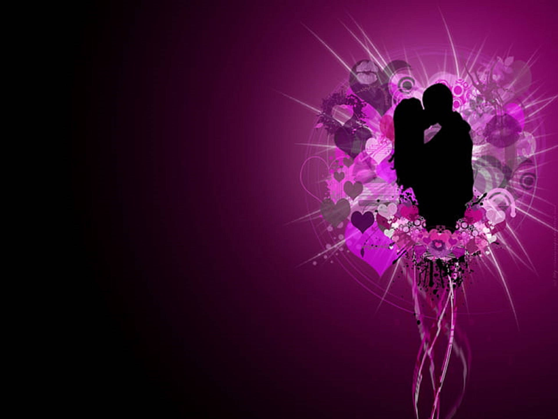 Romantic Love 桌布 壁紙 — 一對情侶在充滿心形和發光光線的鮮豔紫色背景前擁抱的浪漫剪影。