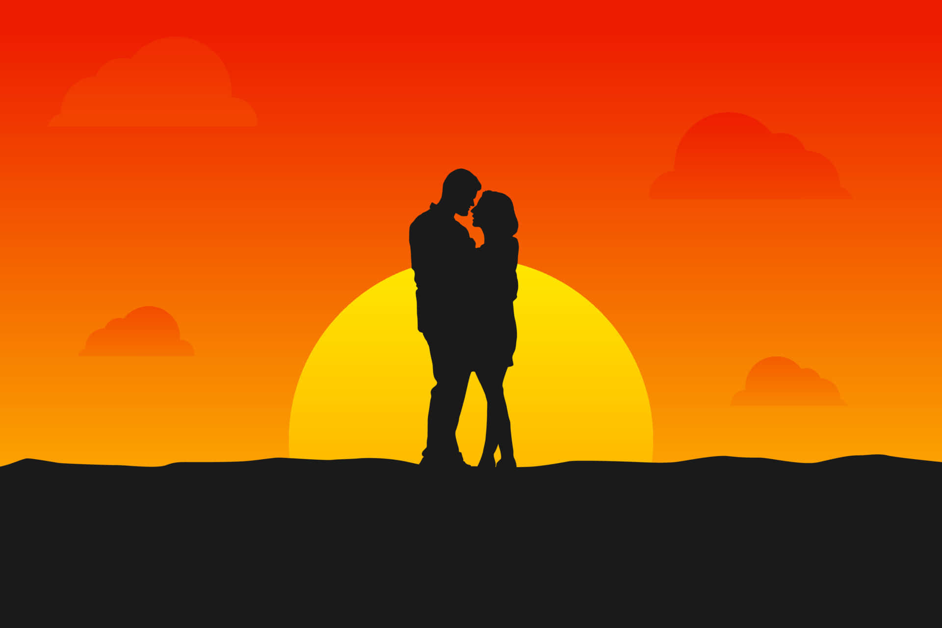 couples kissing 桌布 壁紙 — 一對情侶在充滿活力的橙色和黃色日落與柔和雲朵中擁抱的浪漫剪影。