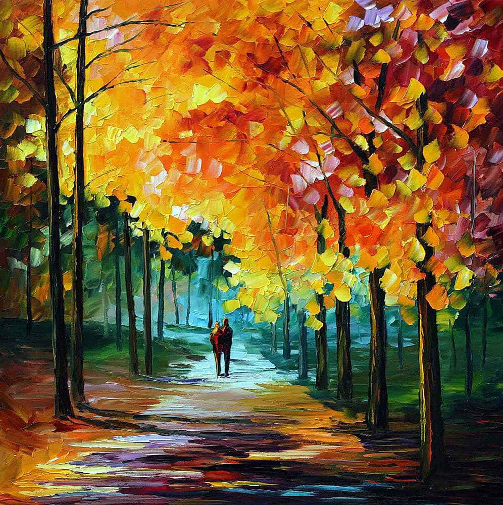 Painting 桌布 壁紙 — 一對情侶在充滿活力的橙色和黃色秋樹環繞的小徑上行走，天空呈現油畫般的紋理。