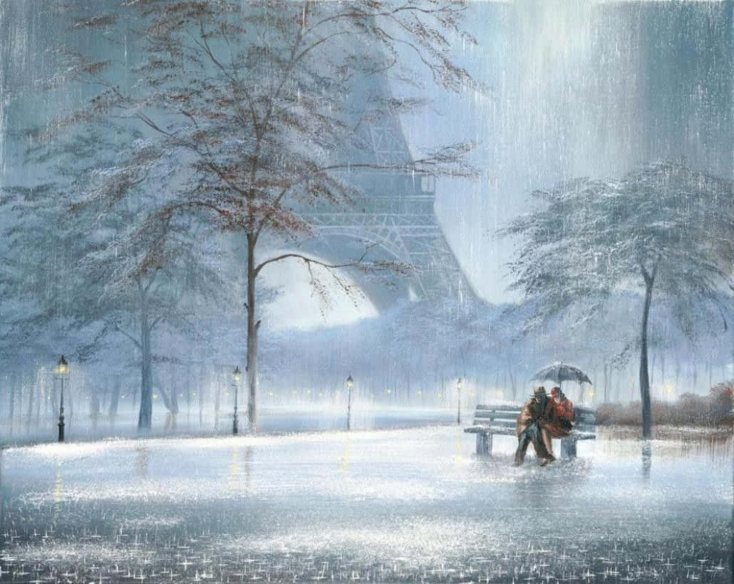 Winter Painting 桌布 壁紙 — 一對情侶在光禿禿的樹下積雪的長椅上共用一把傘，艾菲爾鐵塔在迷濛的冬夜中柔和地發光。