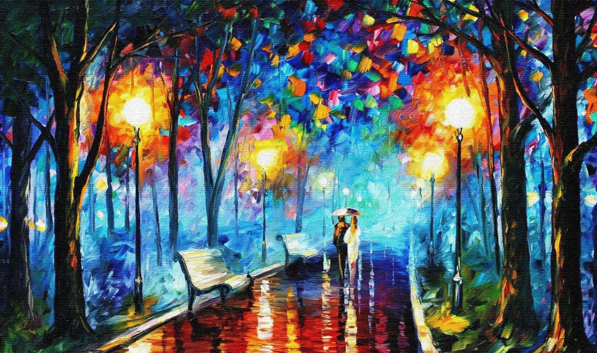 Beautiful Art 桌布 壁紙 — 一對情侶在夜晚撐著傘，沿著被雨水浸濕的公園小徑行走，在色彩繽紛、抽象樹木的樹冠下，被發光的街燈照亮。