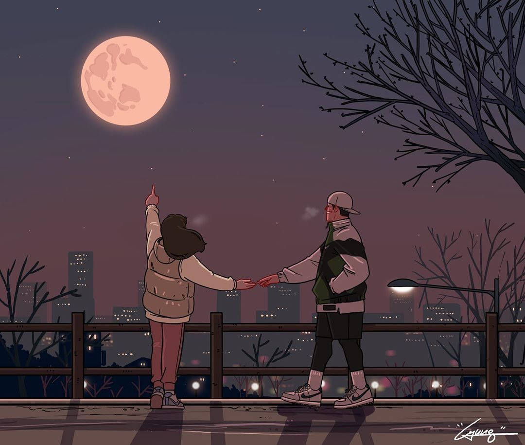 可愛動漫情侶 桌布 壁紙 — 一對情侶在夜晚的城市觀景台上牽手，仰望星空紫色天空中一輪巨大的發光月亮。