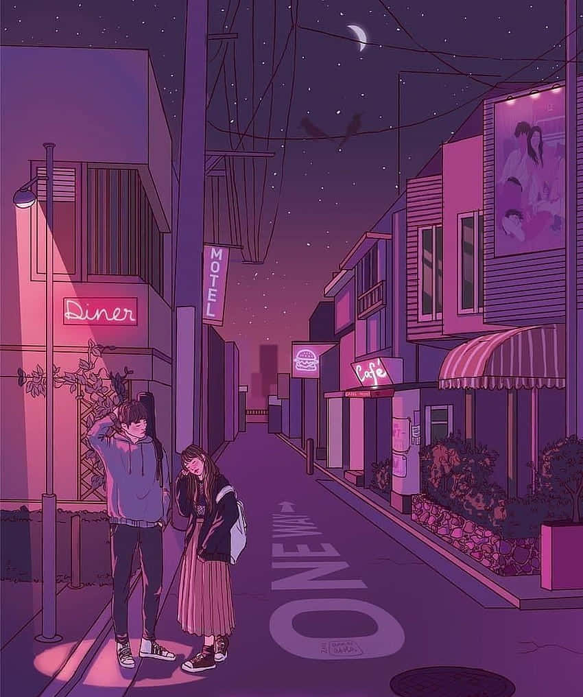 Lofi Anime 桌布 壁紙 — 一對情侶在夜晚的霓虹燈街道上漫步，頭頂是繁星點點的天空和一彎新月。