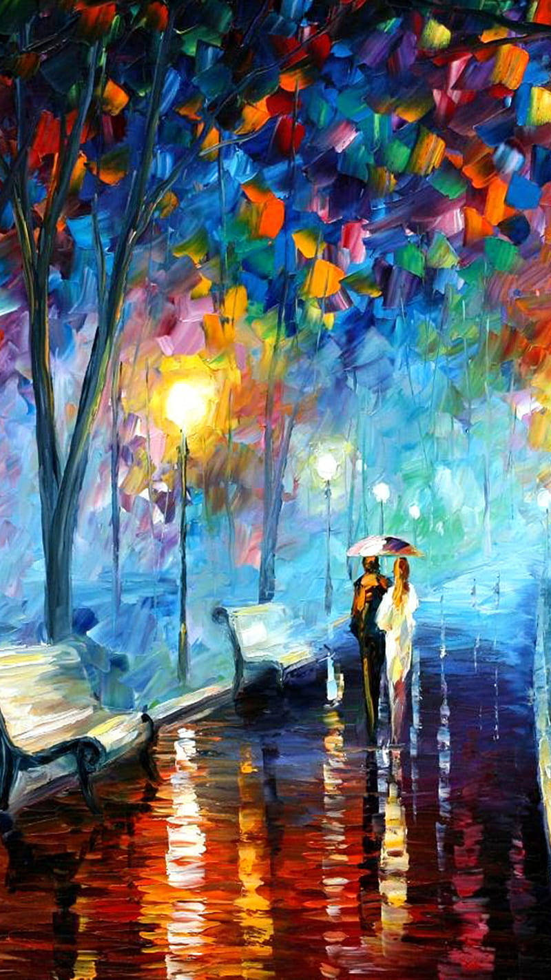 Painting 桌布 壁紙 — 一對情侶在夜間撐著彩色雨傘走過被雨水浸透的公園，濕漉漉的路面上映出鮮豔的倒影。