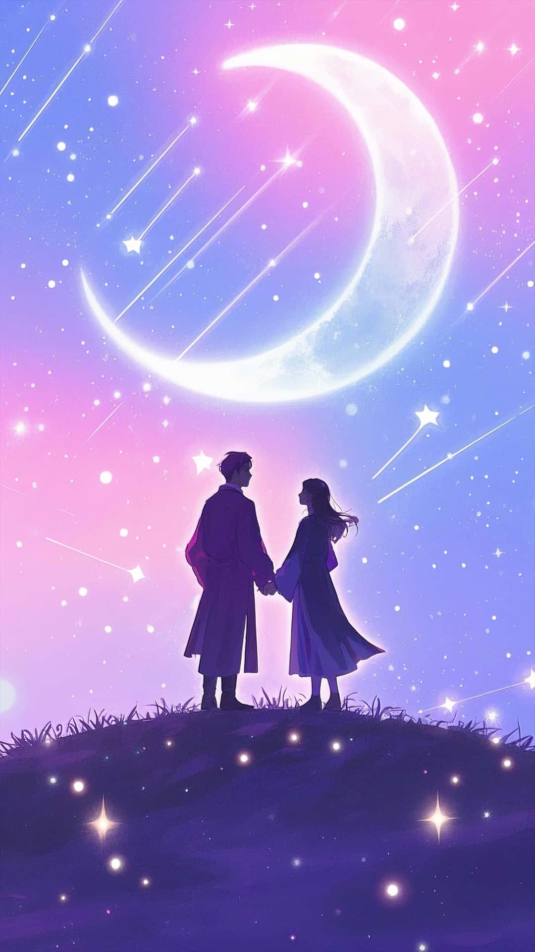 Silhouetted figures under a glowing moon in pastel galaxy 壁紙 — 一對情侶在夢幻的紫粉紅色天空下，在長滿草的山丘上，在閃爍的彎月和流星下手牽手。