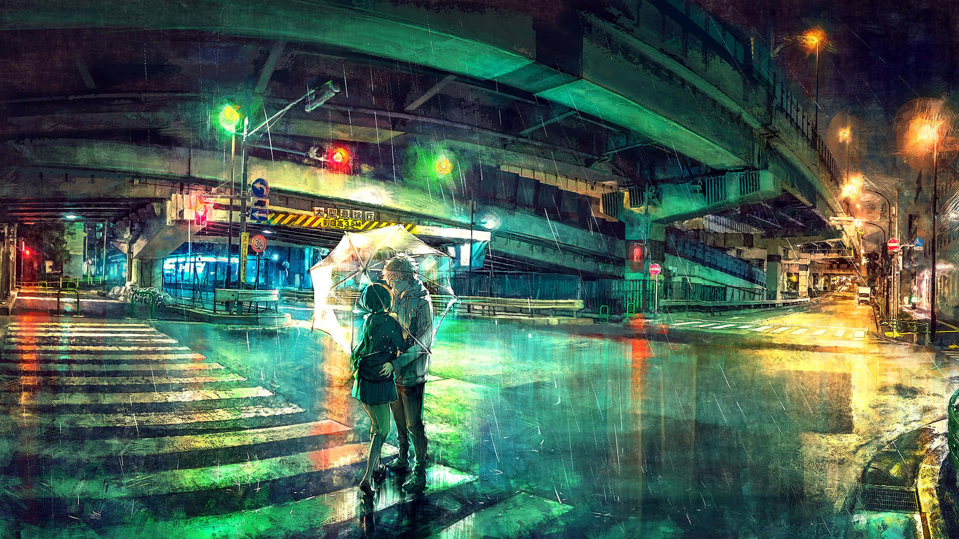  壁紙 — 一對情侶在天橋下的霓虹燈下共用一把傘，雨水落在濕漉漉的都市街道上。