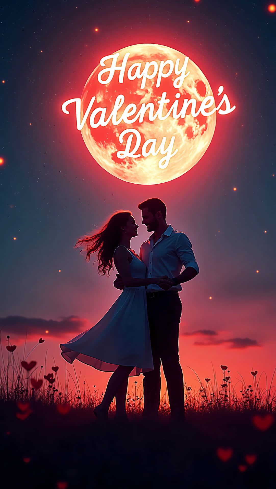 Valetine's day 壁紙 — 一對情侶在巨大的紅色月亮下擁抱，背景是黃昏天空，帶有「Happy Valentine's Day」文字和心形燈光。