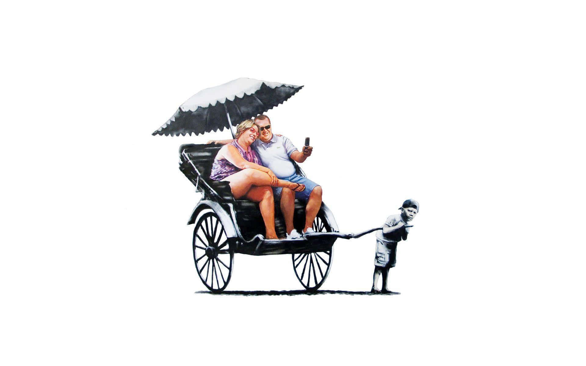 Banksy 桌布 壁紙 — 一對情侶在復古馬車上自拍，一個小男孩帶著堅定的表情拉著他們。